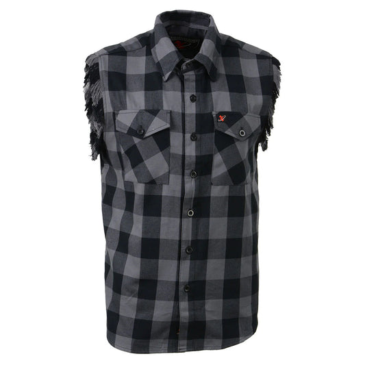 Men’s Classic Black and Grey Button-Down Flannel Cut Off Frayed Sleeveless