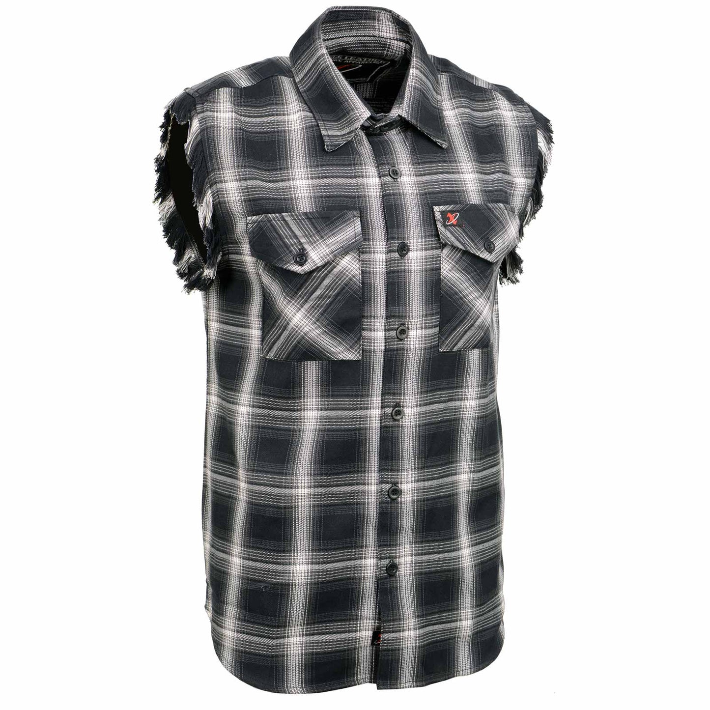 Men’s Black & White Frayed Sleeveless Flannel