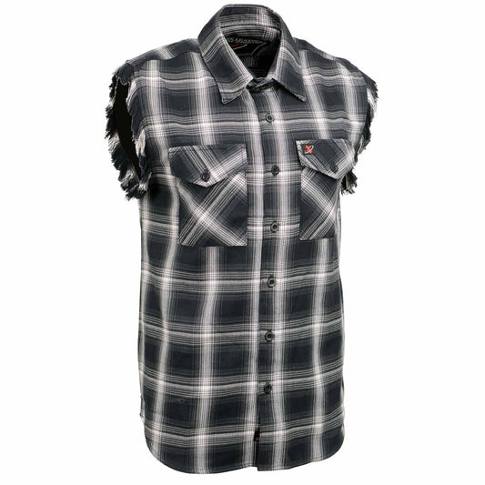 Men’s Black & White Frayed Sleeveless Flannel