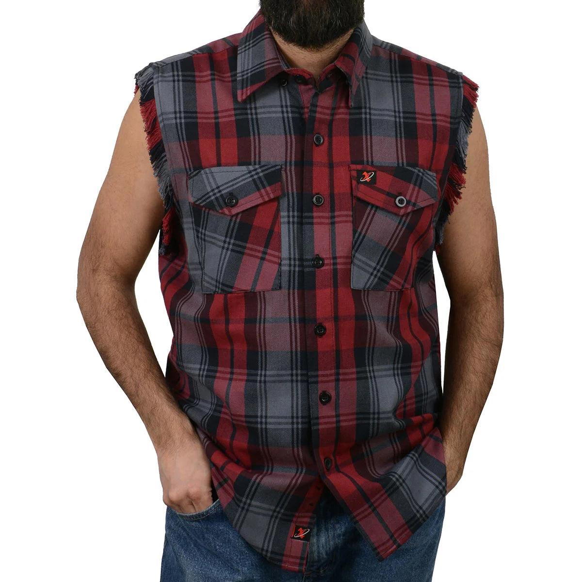 Men’s Black Grey Red Frayed Cut‑Off Sleeveless Flannel
