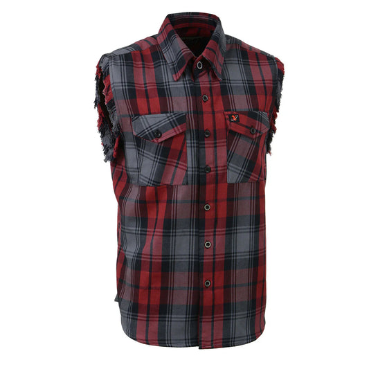 Men’s Black Grey Red Frayed Cut‑Off Sleeveless Flannel