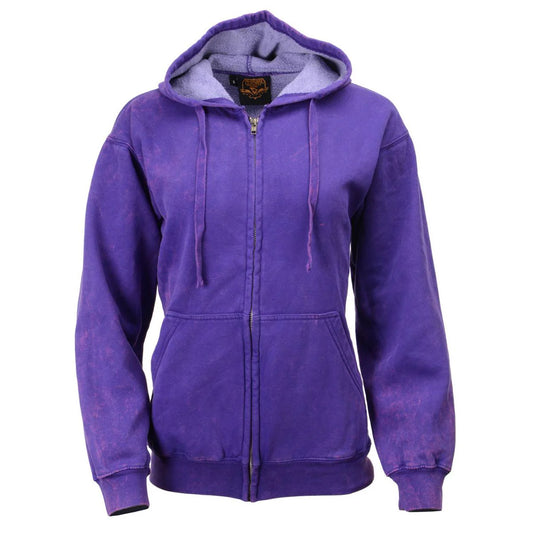 Women's Distressed Purple Sweatshirt Full Zip Up Long Sleeve Casual Hoodie - With Pocket