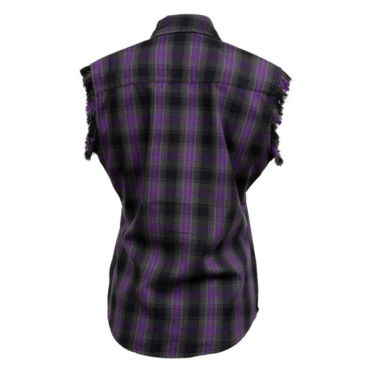 Women's Flannel Black/Purple Button Down Sleeveless Cut Off Shirt W/ Frill Arm