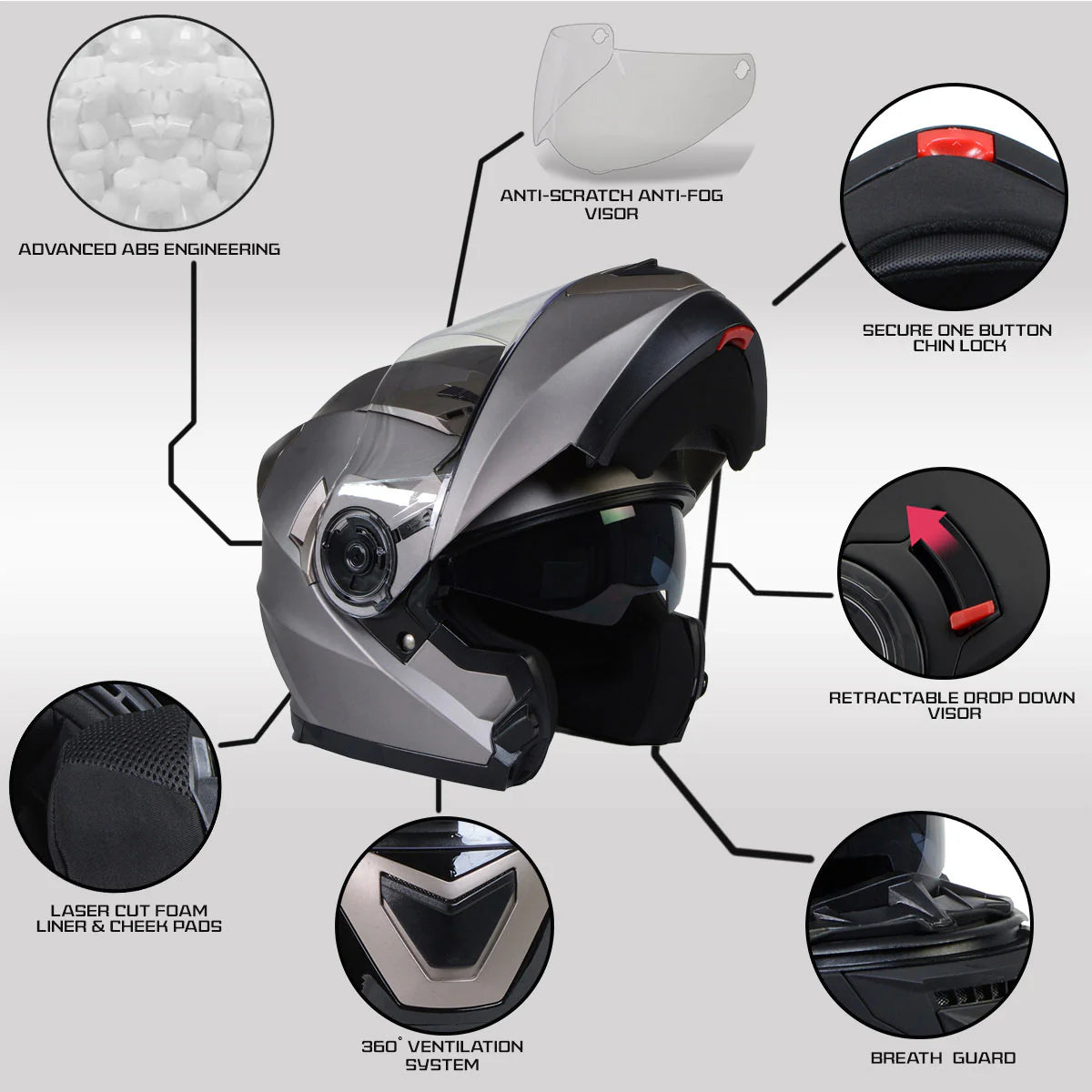 Ionized Silver Advanced Motorcycle Modular Helmet Biker w/ Drop Down Visor
