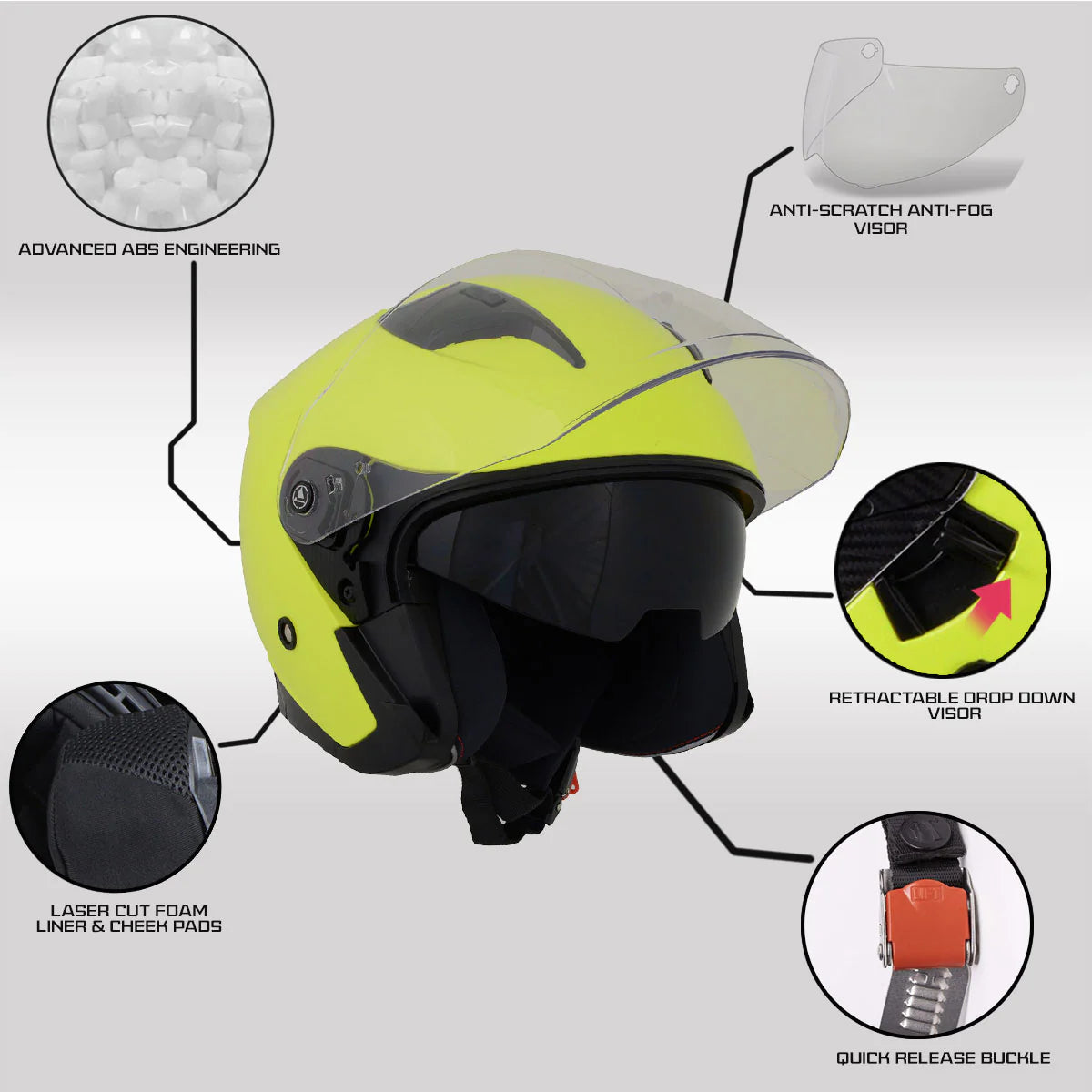 Shift Open Face 3/4 Blue Helmet Biker w/ Drop Down Visor   *Blue or Neon Yellow