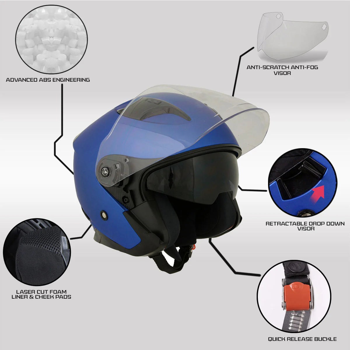Shift Open Face 3/4 Blue Helmet Biker w/ Drop Down Visor   *Blue or Neon Yellow