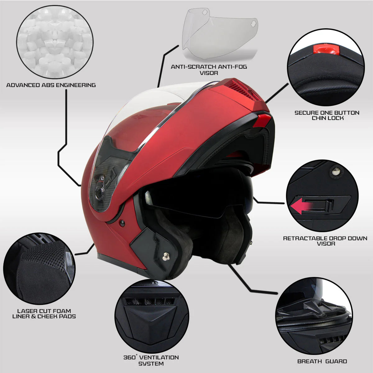 Cypher Flat Red Advanced Motorcycle Modular Helmet w/ Drop Down Visor
