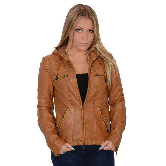 Women's Leather Jacket with Drawstring and Hoodie
