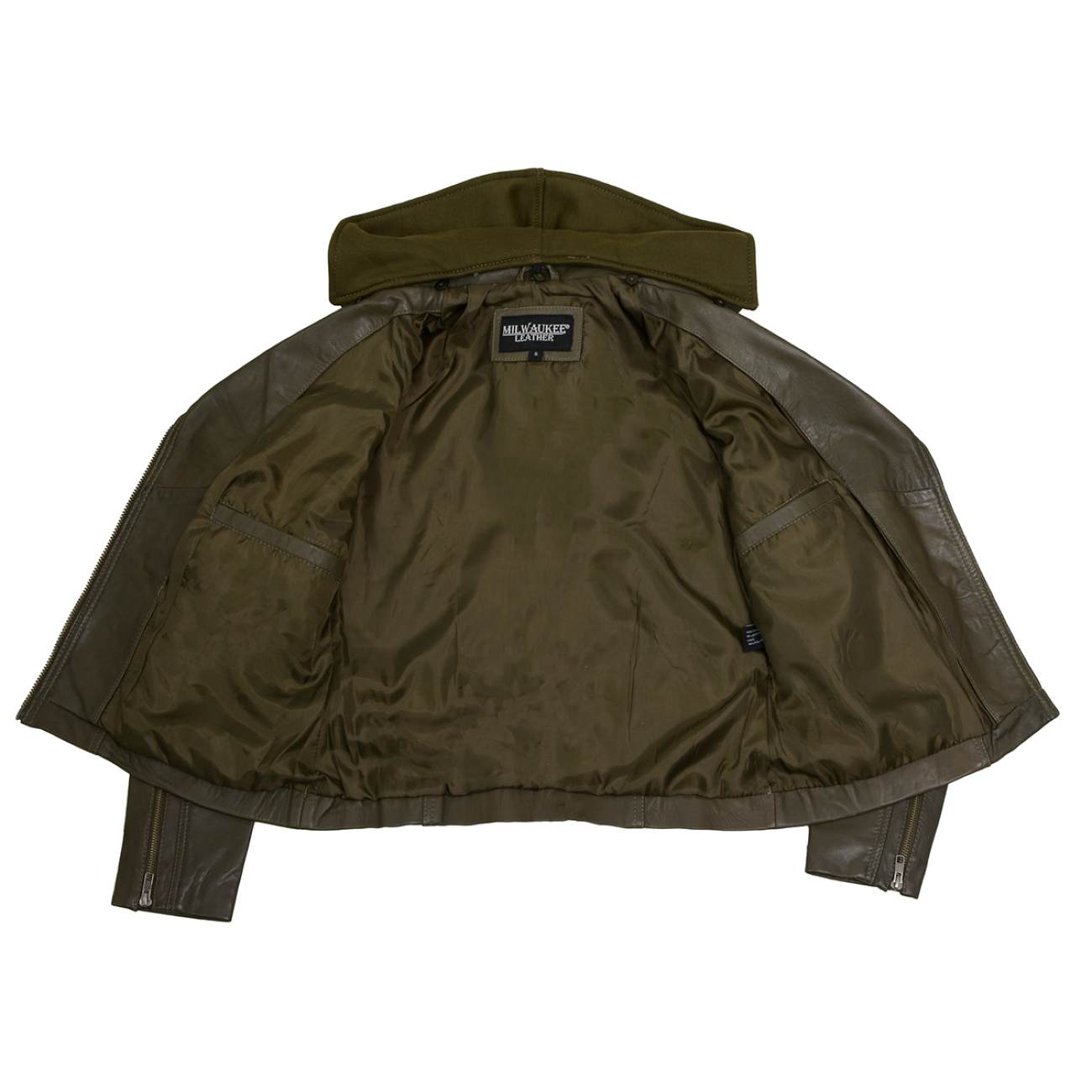 Women’s Olive Leather Motorcycle Jacket – Milwaukee Leather SFL2815 with Hoodie and Angled Zipper