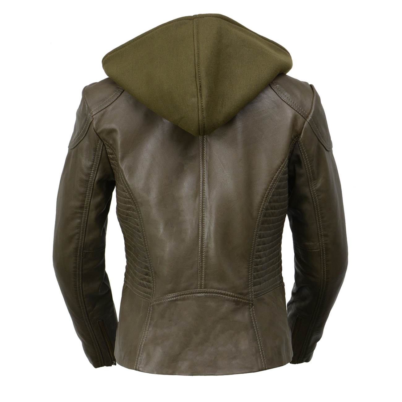 Women’s Olive Leather Motorcycle Jacket – Milwaukee Leather SFL2815 with Hoodie and Angled Zipper