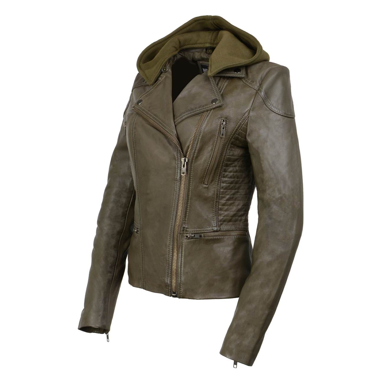 Women’s Olive Leather Motorcycle Jacket – Milwaukee Leather SFL2815 with Hoodie and Angled Zipper