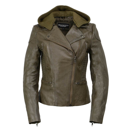 Women’s Olive Leather Motorcycle Jacket – Milwaukee Leather SFL2815 with Hoodie and Angled Zipper