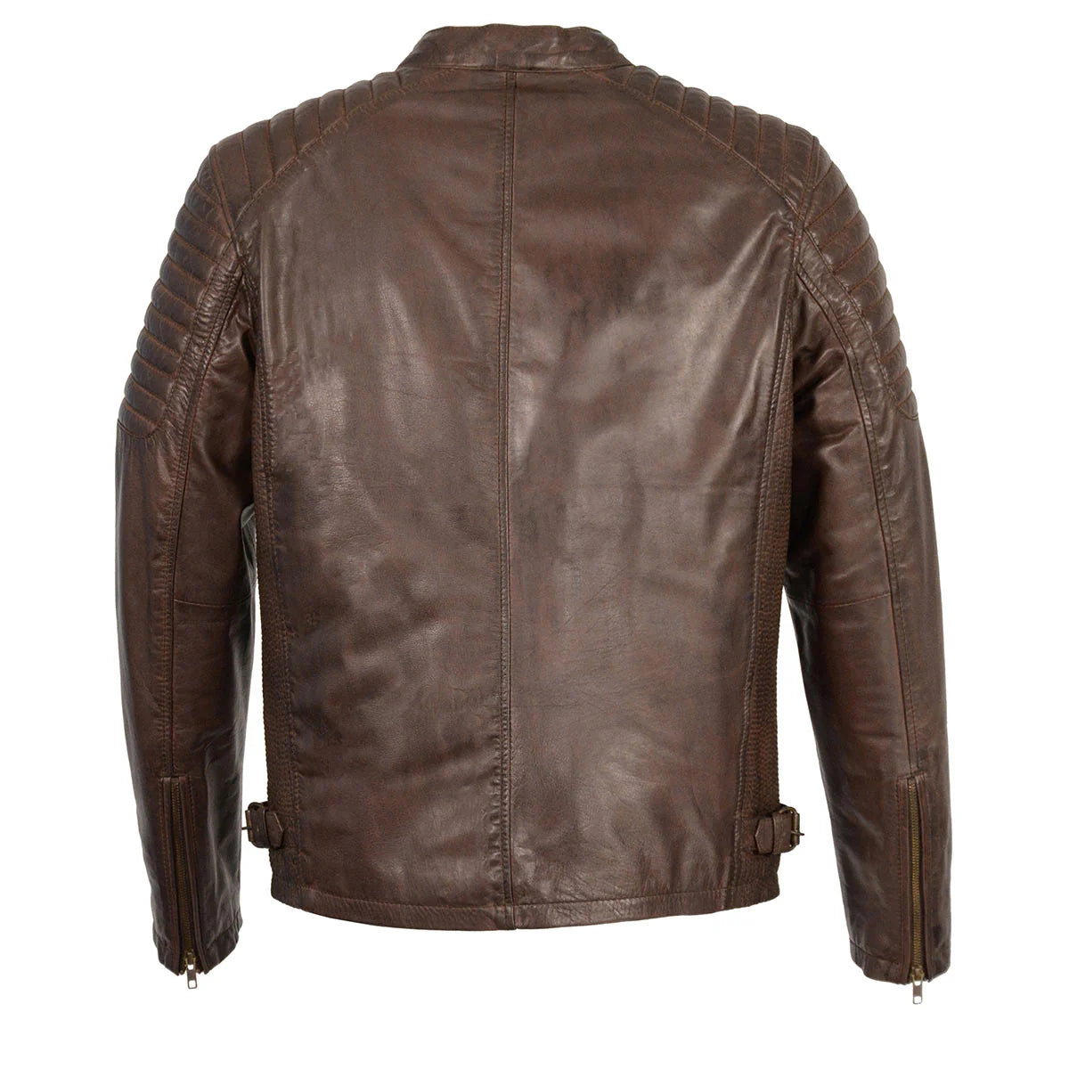 Men's 'Quilted' Brown Leather Fashion Jacket with Snap Button Collar