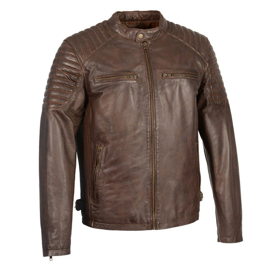 Men's 'Quilted' Brown Leather Fashion Jacket with Snap Button Collar