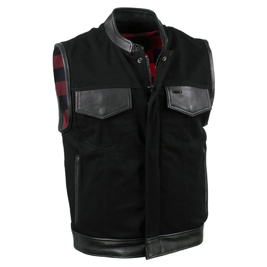 Men's Black 'Burn Out' Denim and Leather Motorcycle Vest with Plaid Red Lining